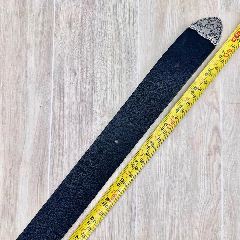 Western Black Faux Leather Belt Silver Toned Boho Engraved Buckle XL 41”-45”